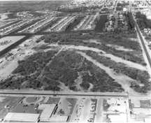 arial view of Minutemen Causeway with no homes yet built black and white